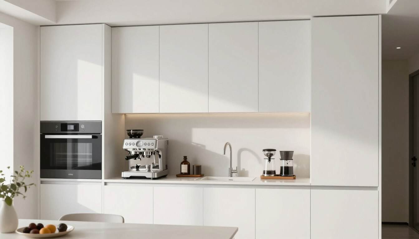 Elegant coffee bar wall cabinets in a modern kitchen with organized coffee station below
