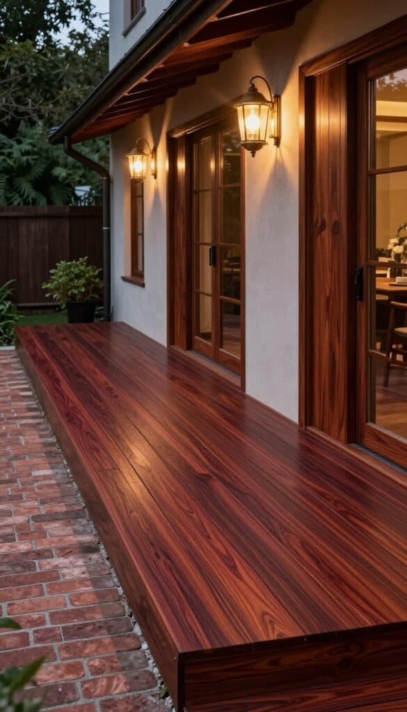 Elegant mahogany stained deck with warm brass lighting fixtures and traditional design