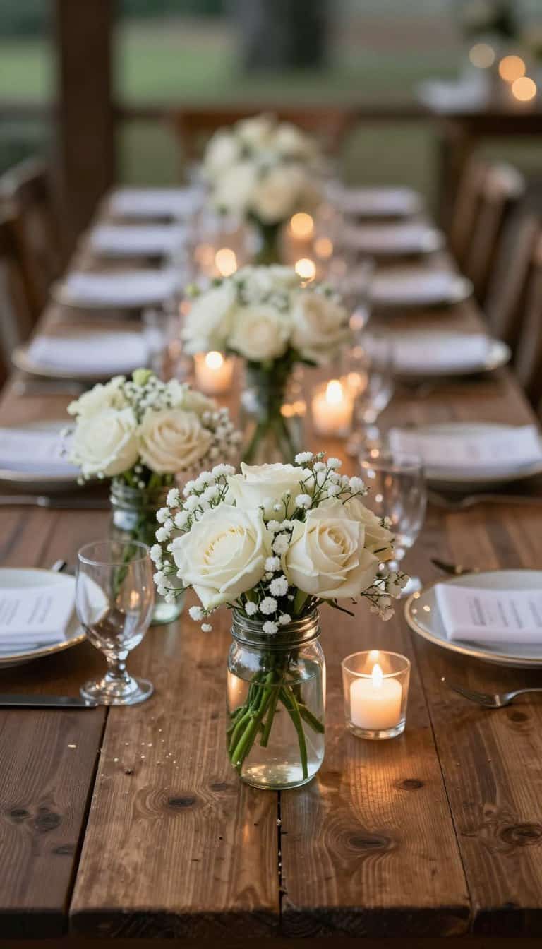 Elegant mason jar wedding centerpieces with soft candlelight and flowers on rustic wooden table