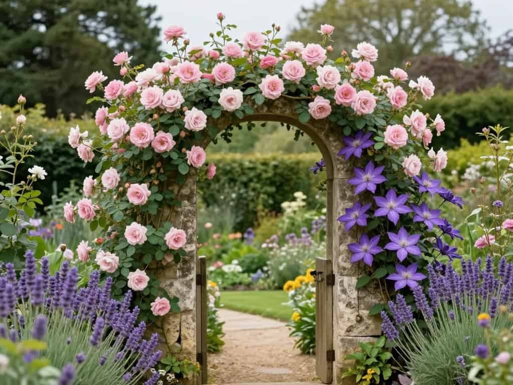 English cottage garden climbing plants covering stone archway with pink roses and purple clematis