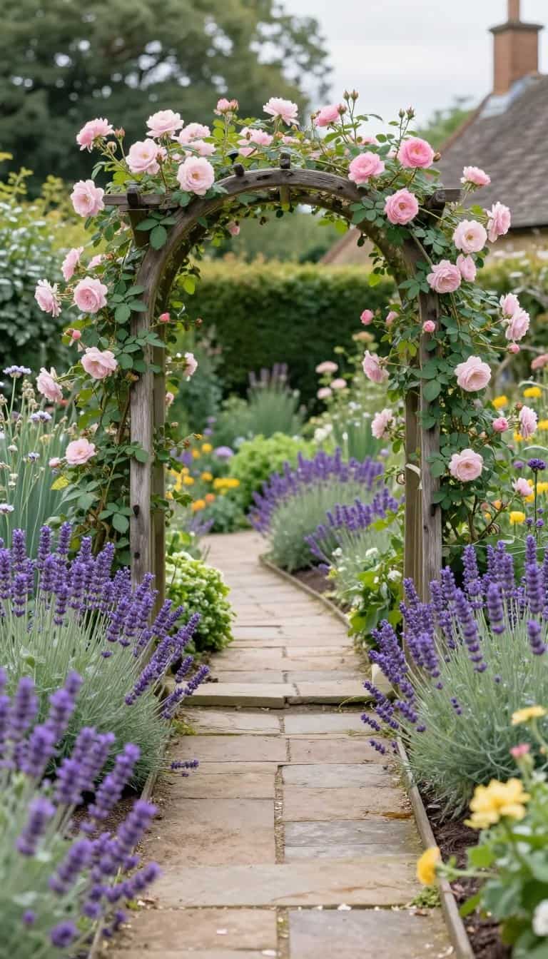 English cottage garden ideas with lavender and roses creating romantic pathways