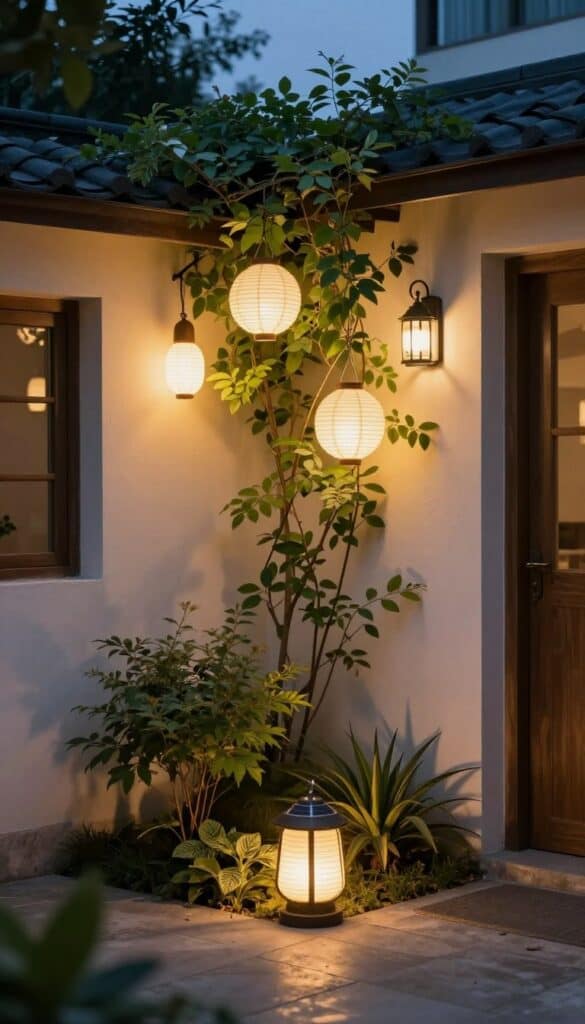 Evening courtyard garden with warm hanging lanterns creating cozy intimate lighting atmosphere Evening courtyard garden with warm hanging lanterns creating cozy intimate lighting atmosphere