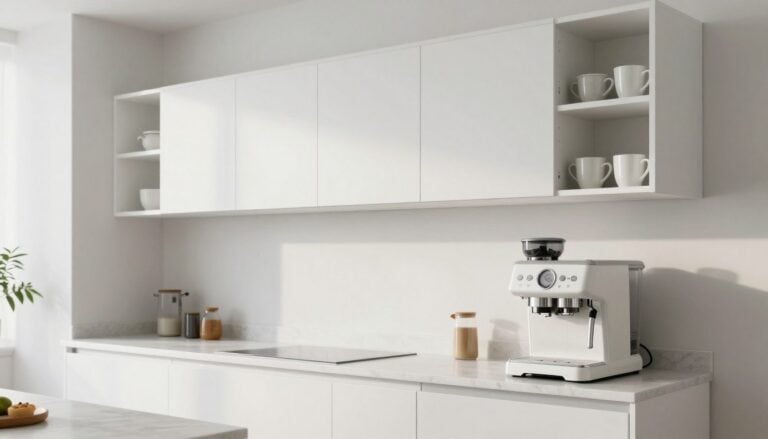 Floating white coffee bar cabinet above modern espresso station with organized mugs