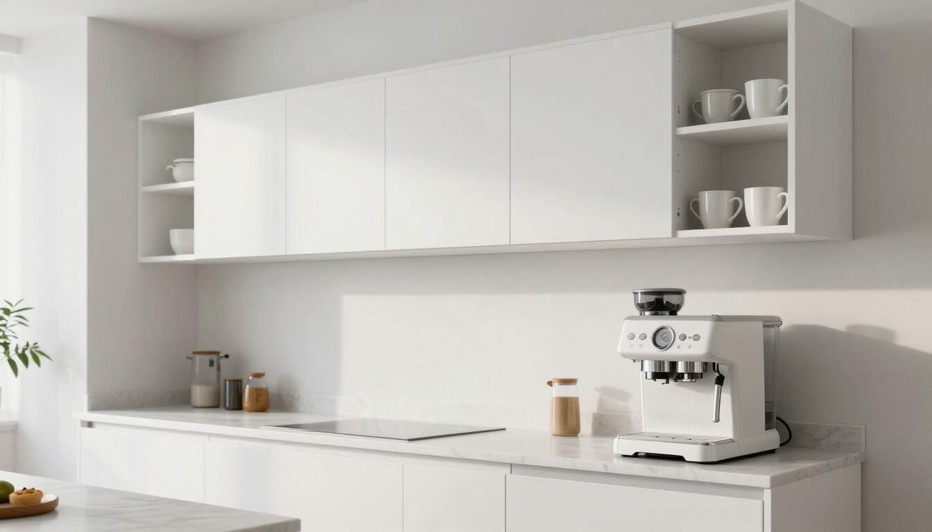 Floating white coffee bar cabinet above modern espresso station with organized mugs