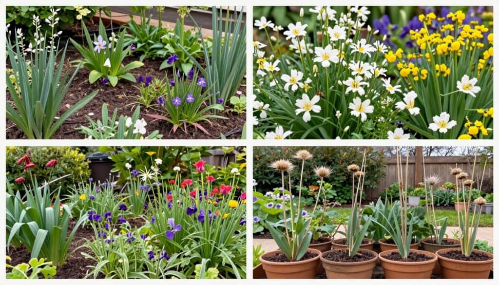 Four-season comparison showing the same patio garden in spring, summer, fall and winter