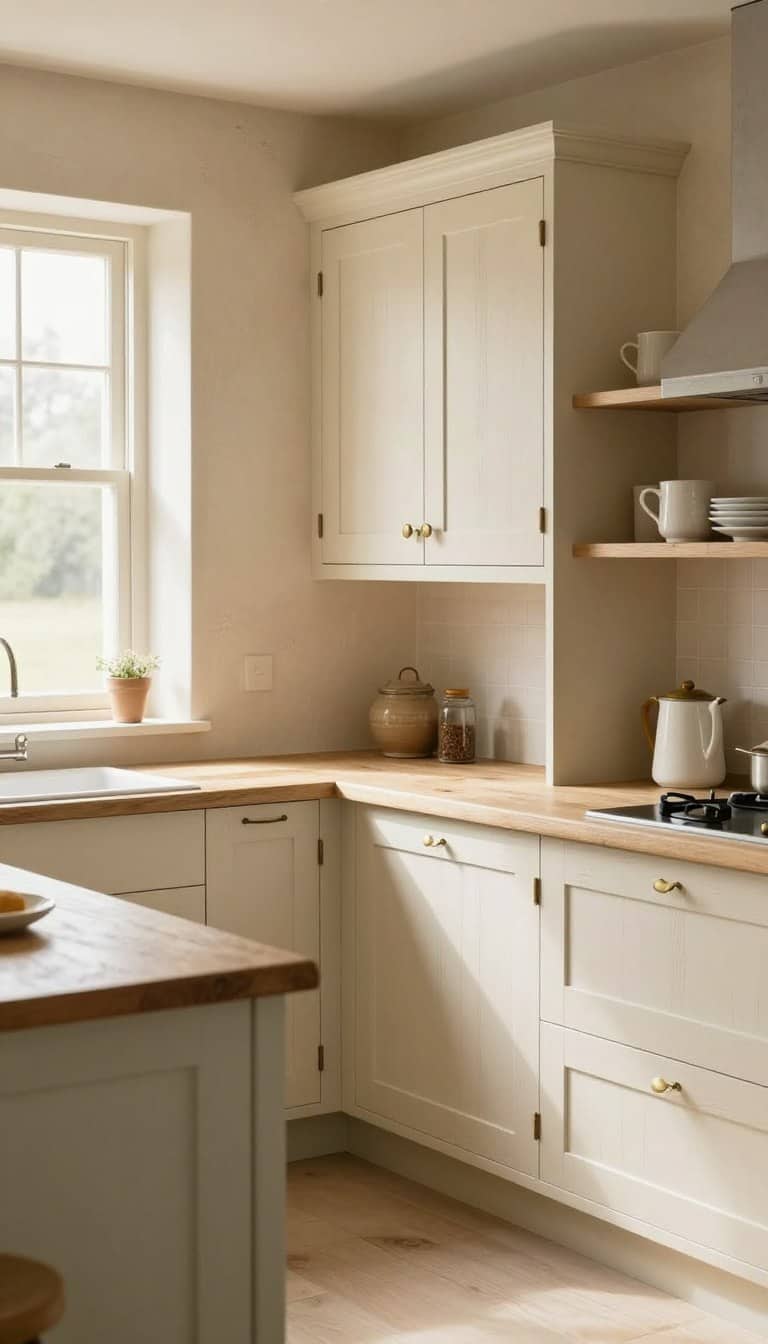 French country kitchen with soft cream cabinets and warm neutral tones