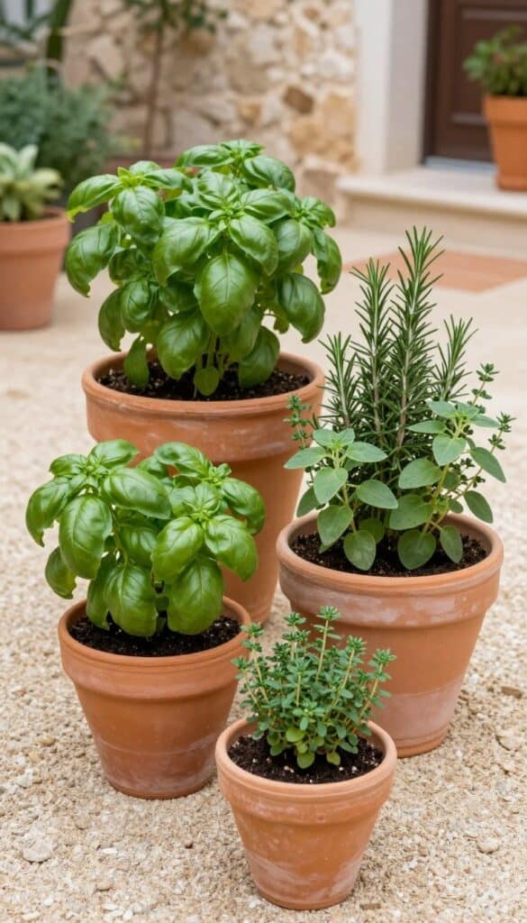 Grouped terracotta pots with basil, thyme, rosemary, and oregano on gravel patio Grouped terracotta pots filled with basil, thyme, rosemary and oregano on a gravel patio