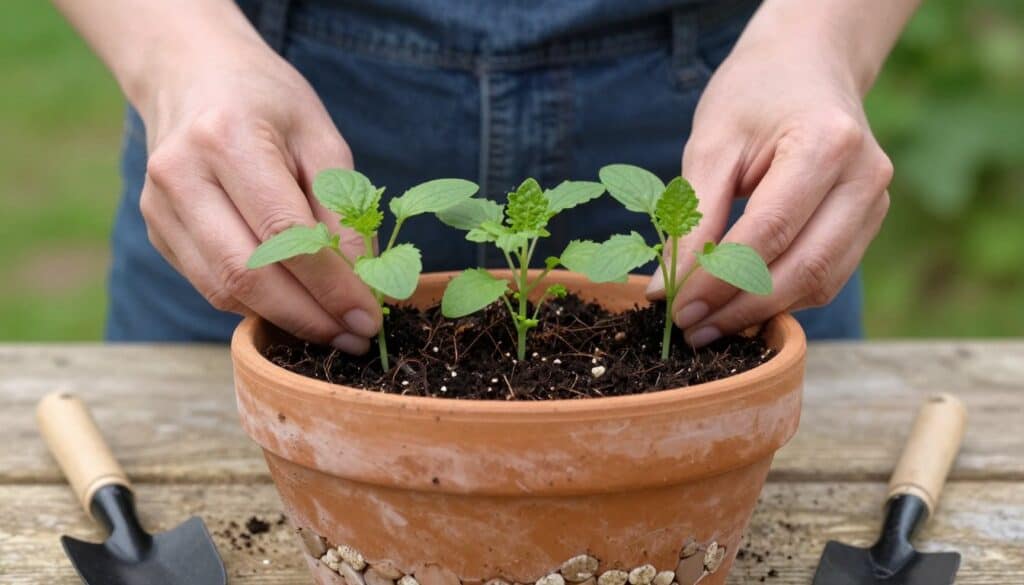 Hands planting herbs in container with soil, drainage materials, and gardening tools Hands planting herbs in a container with soil, drainage materials and gardening tools