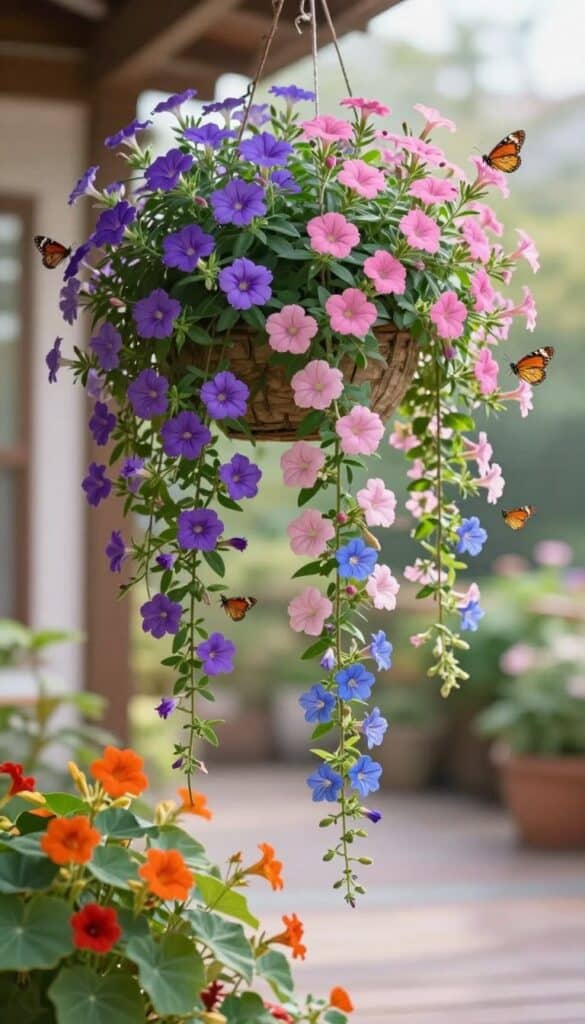 Hanging basket and container edges overflowing with trailing verbena, calibrachoa, nasturtiums and lobelia with butterflies