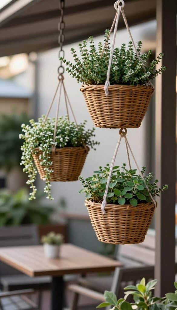 Hanging wicker baskets with trailing thyme and oregano near seating area Hanging wicker baskets with trailing thyme and oregano near an outdoor seating area