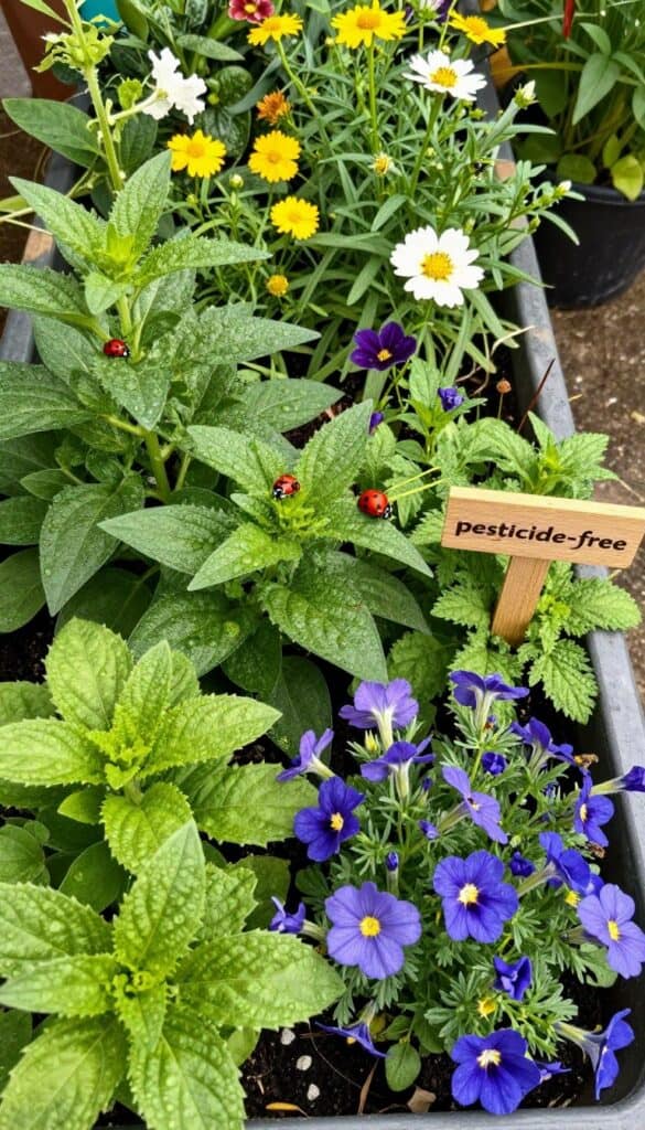 Healthy organic container garden with natural pest control methods and beneficial insects present