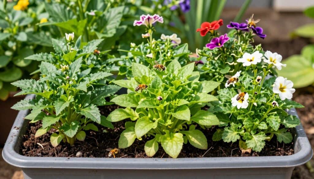 Healthy thriving pollinator container garden showing vigorous growth and abundant blooms with active pollinators