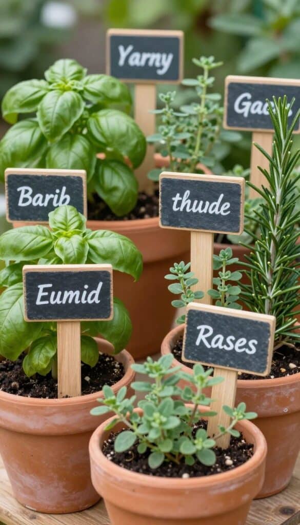 Herb containers with slate and wooden plant labels showing herb names Herb containers with slate and wooden plant labels showing herb names