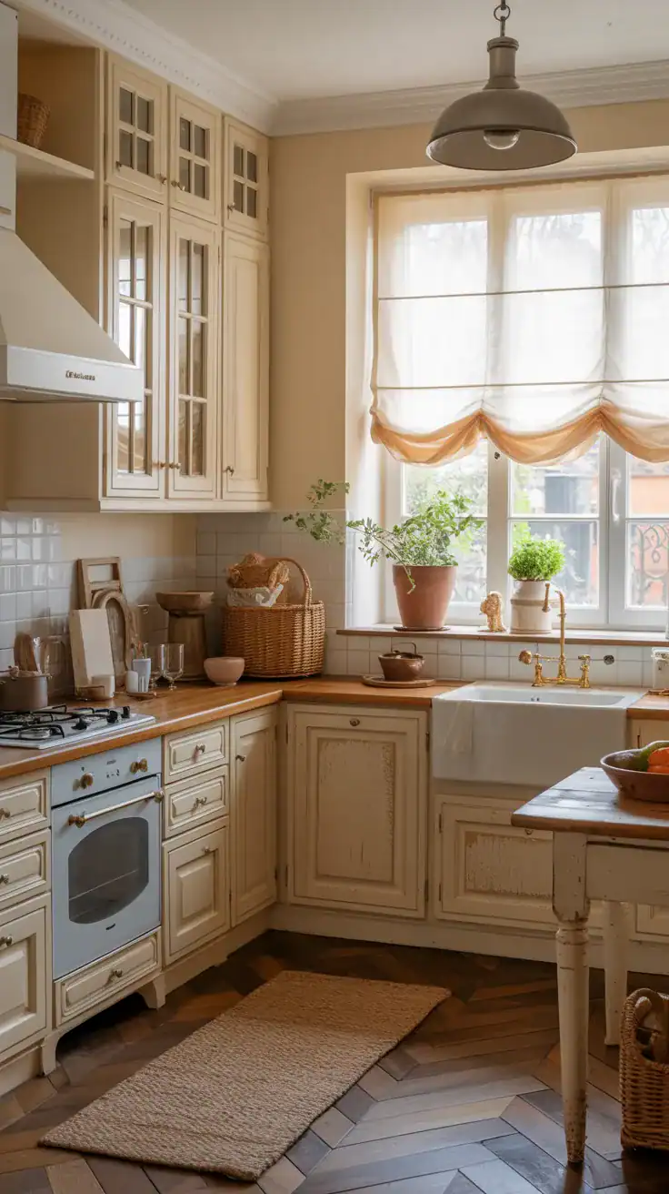 French country kitchen with soft cream cabinets and warm neutral tones