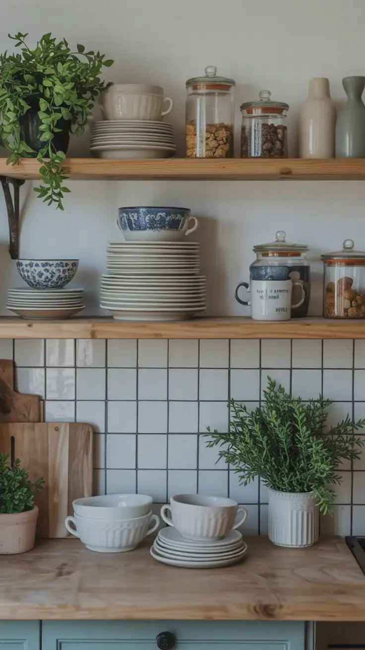 Open kitchen shelves styled with ceramic dishes and glass jars