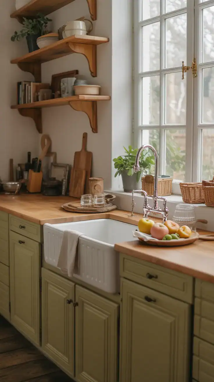 Deep farmhouse sink in a cozy French country kitchen