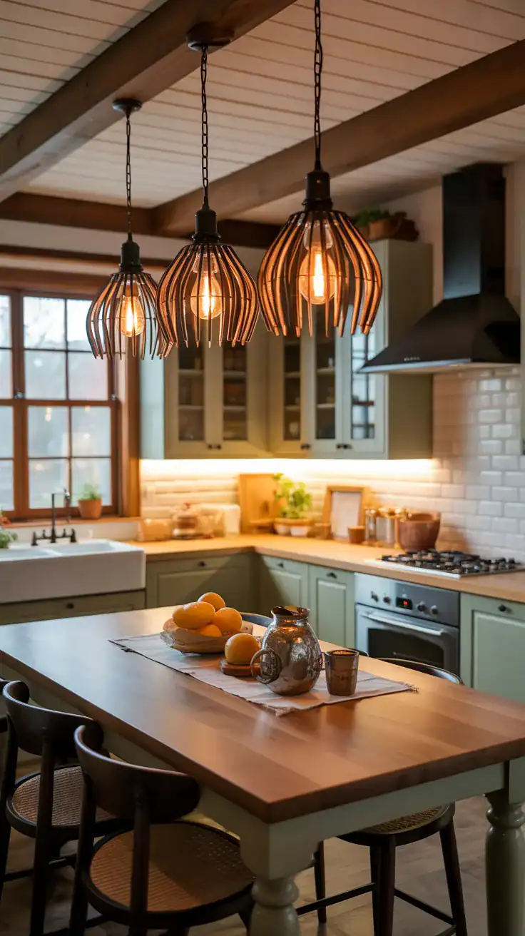 Rustic pendant lights with warm glow in cottage kitchen