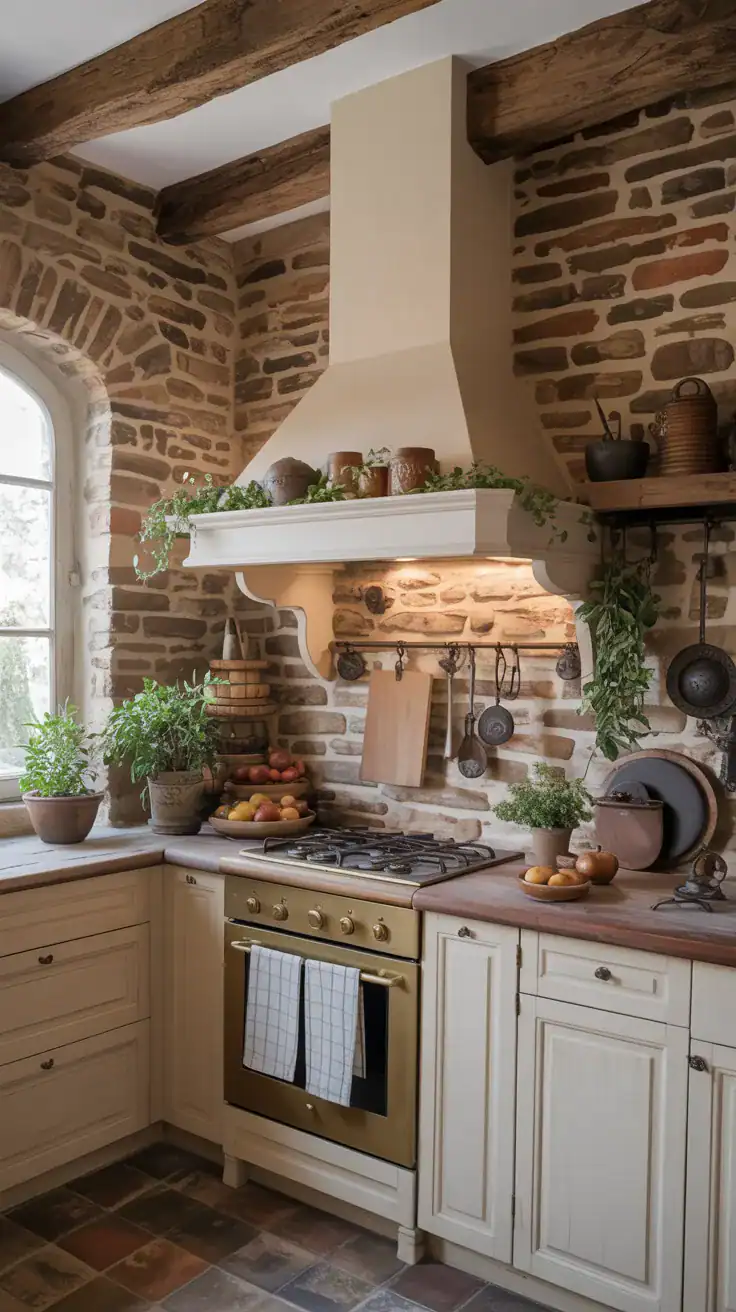 Stone backsplash in a rustic French country kitchen