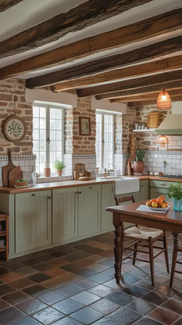 Exposed wooden ceiling beams in a cozy cottage kitchen