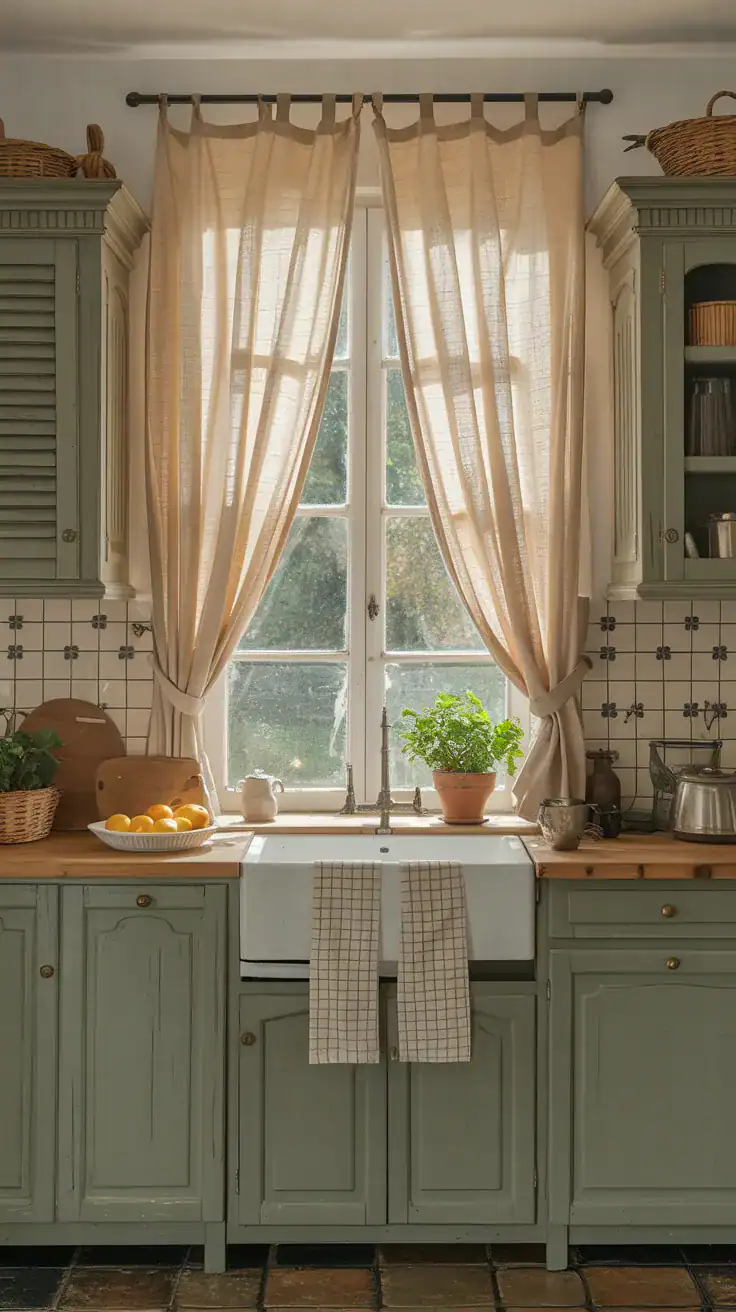 Linen curtains and tea towels in a French country kitchen