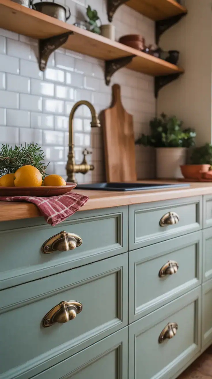 Antique brass handles on kitchen cabinets