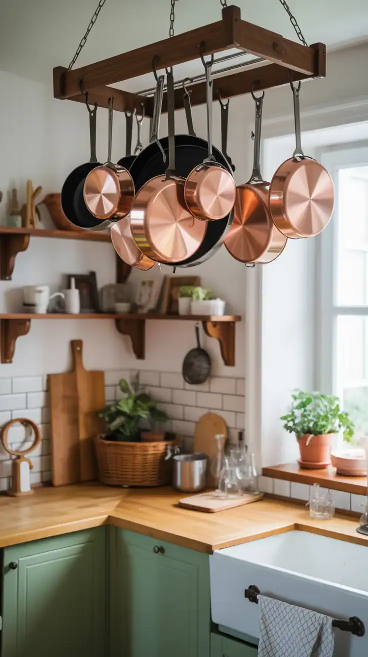 Hanging pot rack with copper pans in cottage kitchen