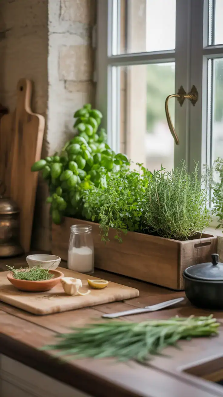 Fresh herbs on windowsill in French country kitchen