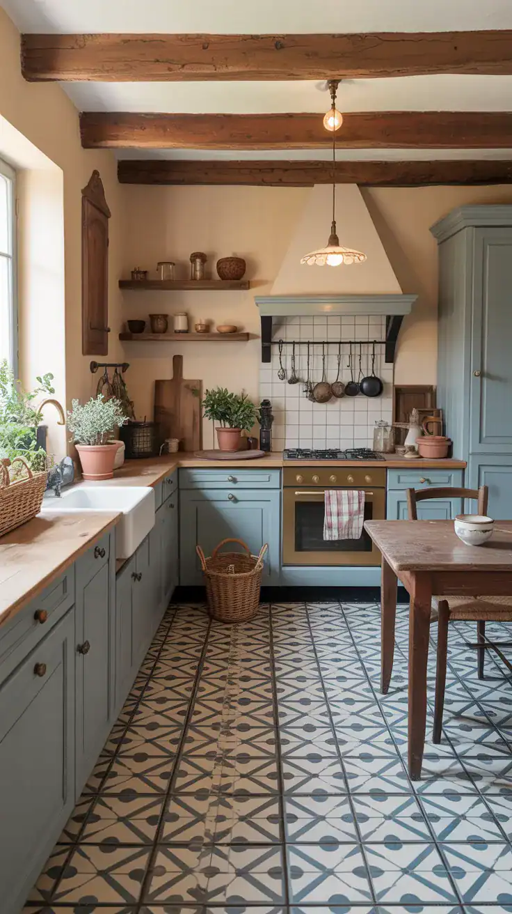 Patterned floor tiles in a French cottage kitchen