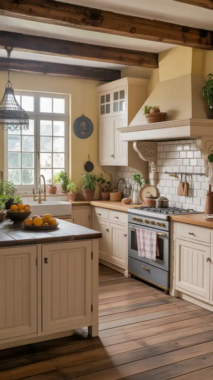 Complete French country cottage kitchen showcasing all design elements together