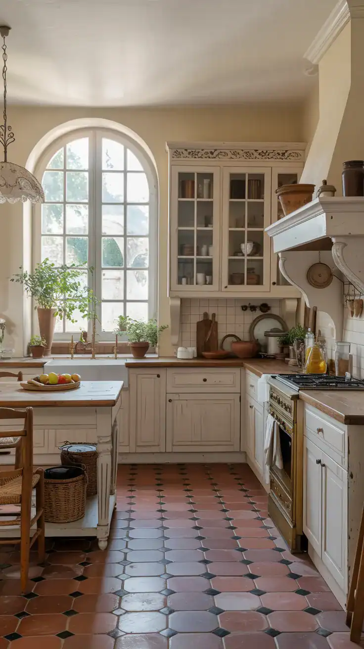 French country kitchen with soft cream cabinets and warm neutral tones