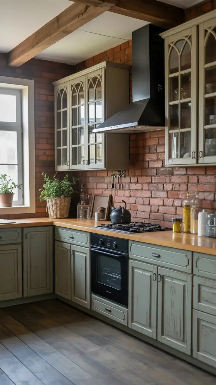 Distressed wood kitchen cabinets in French cottage style