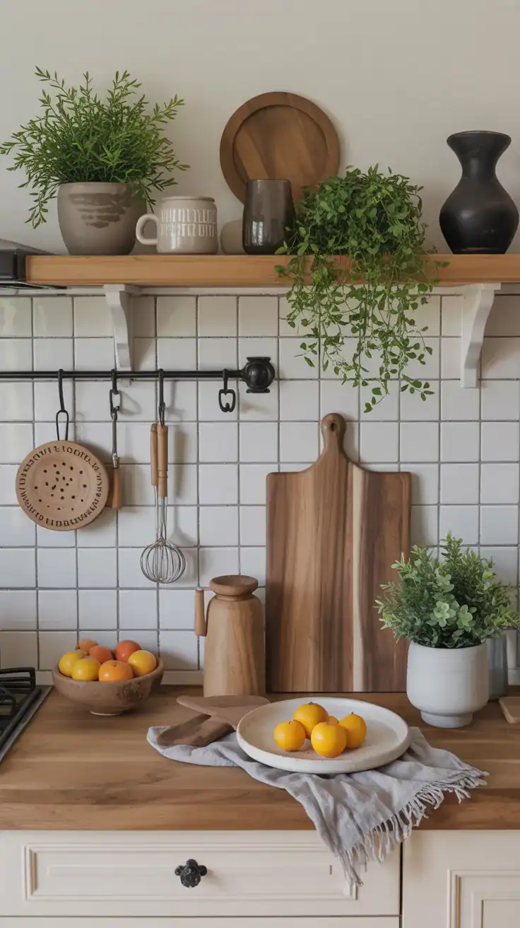 Styled kitchen countertop with ceramics and wooden boards
