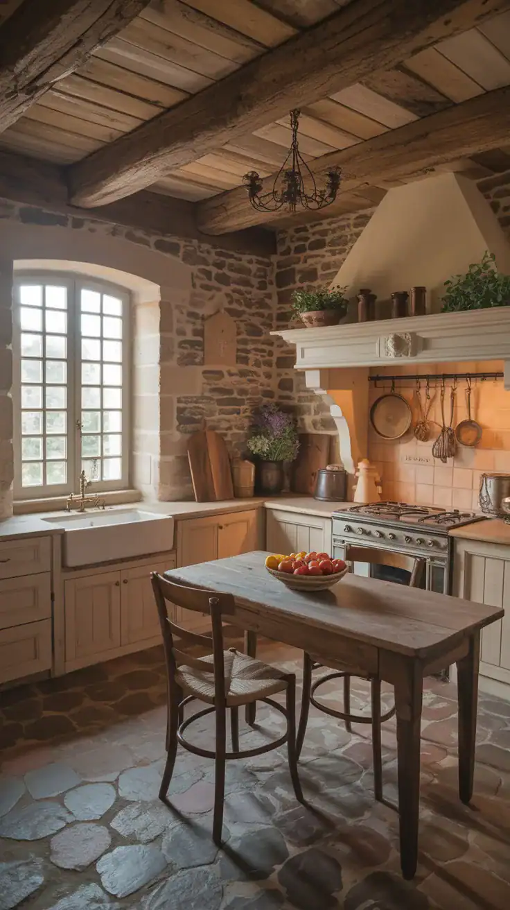 Stone and wood textures in a French country kitchen