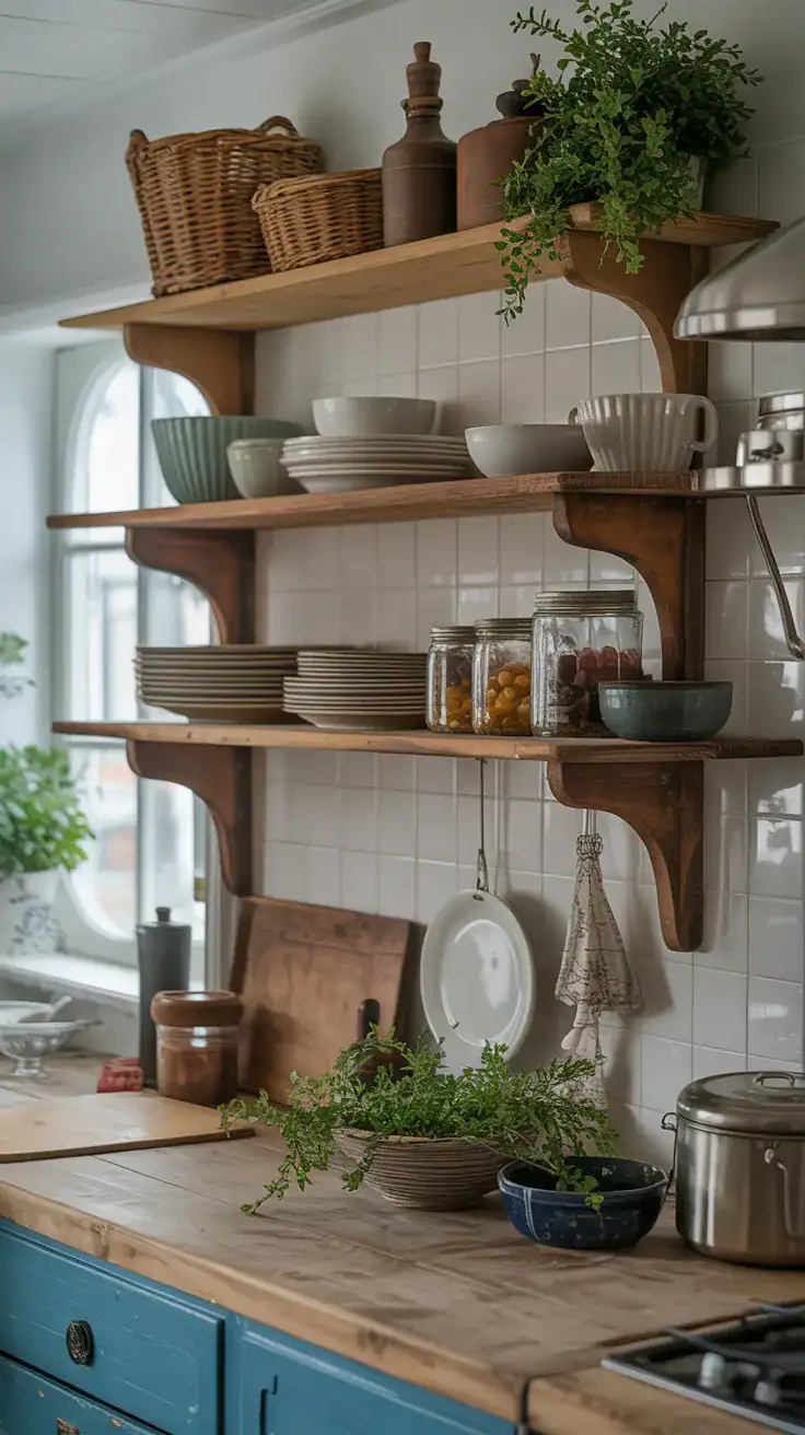 Open shelving with rustic dishes and jars in cottage kitchen