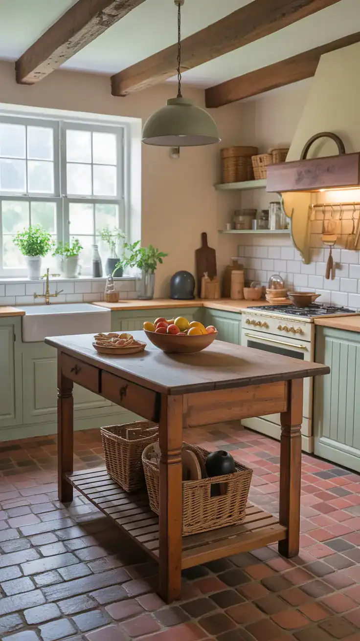Freestanding wooden table island in cottage kitchen