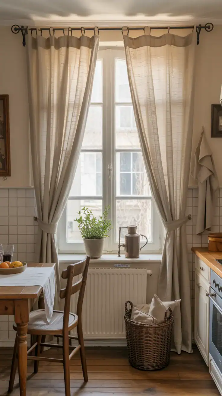 Linen curtains and textiles in French cottage kitchen