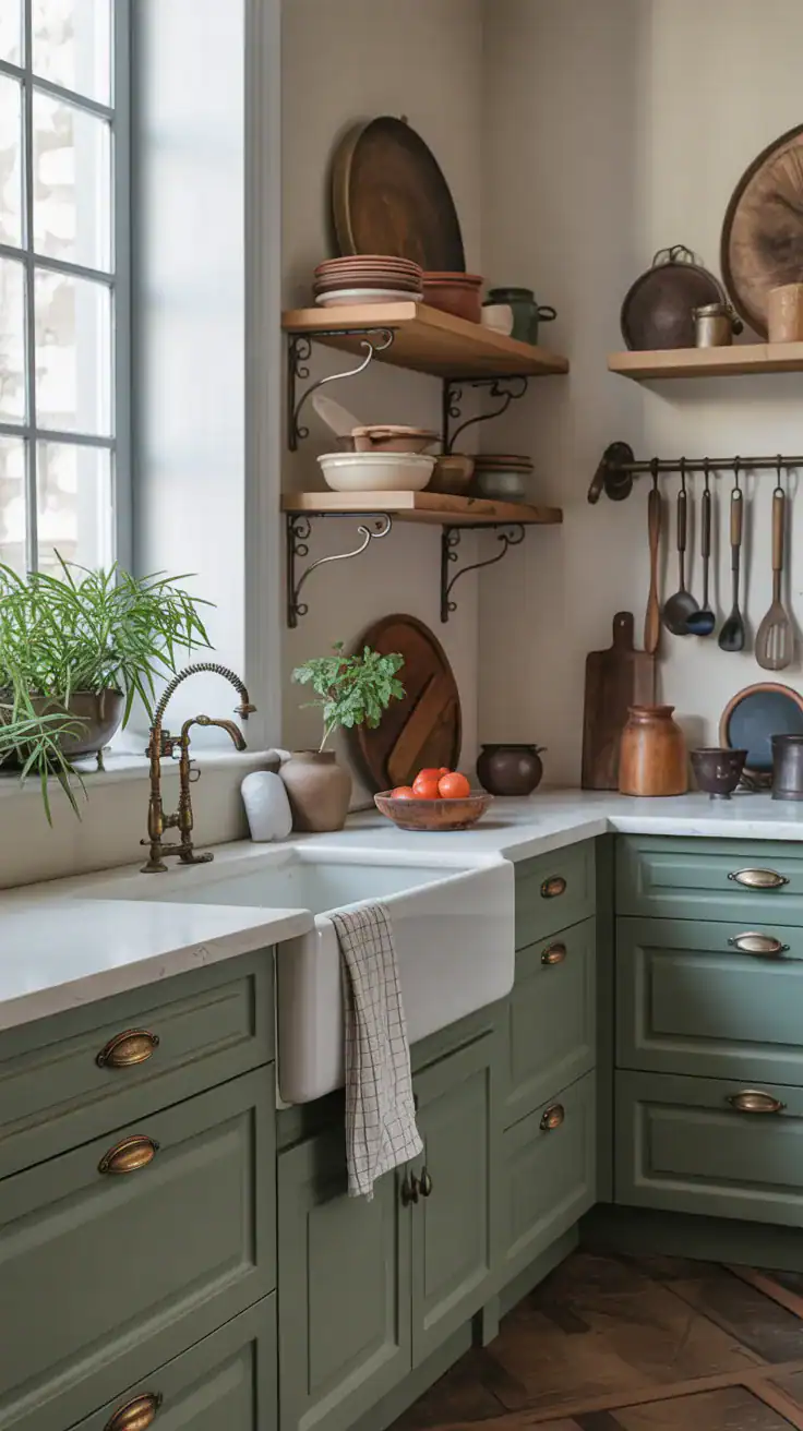Aged brass handles and vintage kitchen details