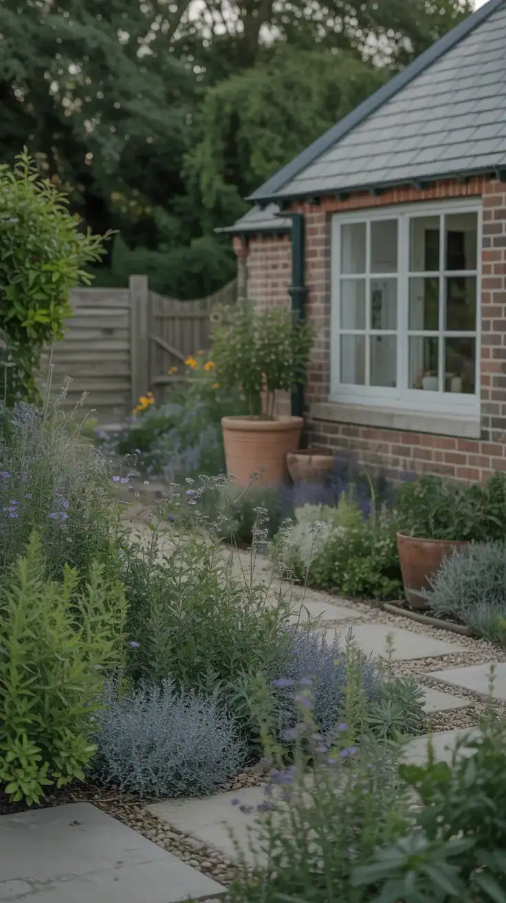 mix of structured elements and wild planting in cottage garden showing asymmetrical balance and creating balance