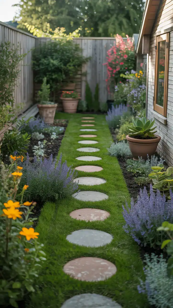 small cottage garden with asymmetrical layout creating depth and visual weight throughout the space