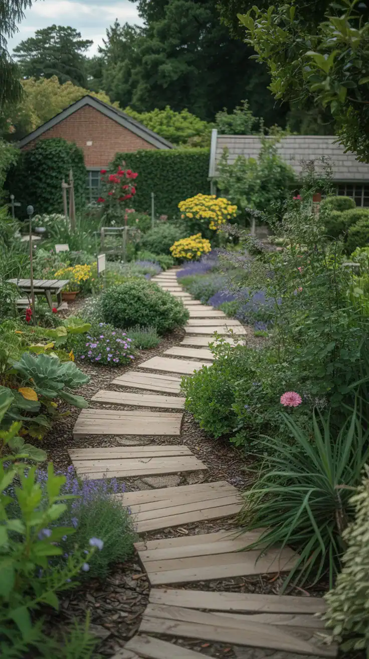 winding garden path through an asymmetrical cottage garden creating visual weight and balance throughout garden