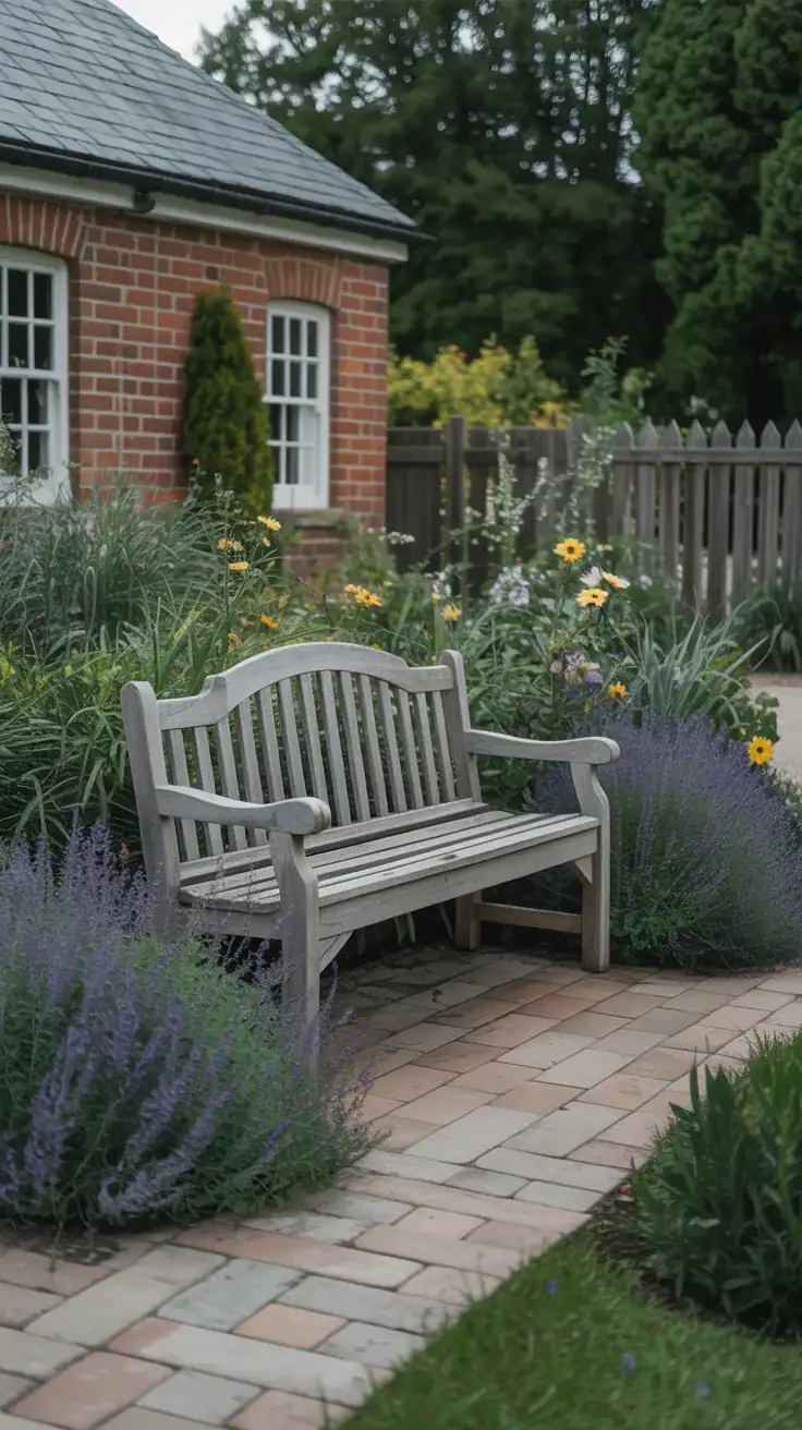 garden bench placed slightly off center in a cottage garden demonstrating asymmetrical balance and focal points