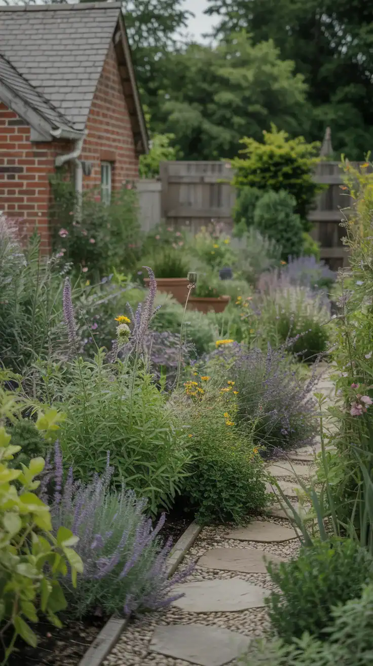 layered cottage garden with varied plant heights and textures showing asymmetrical balance in garden design