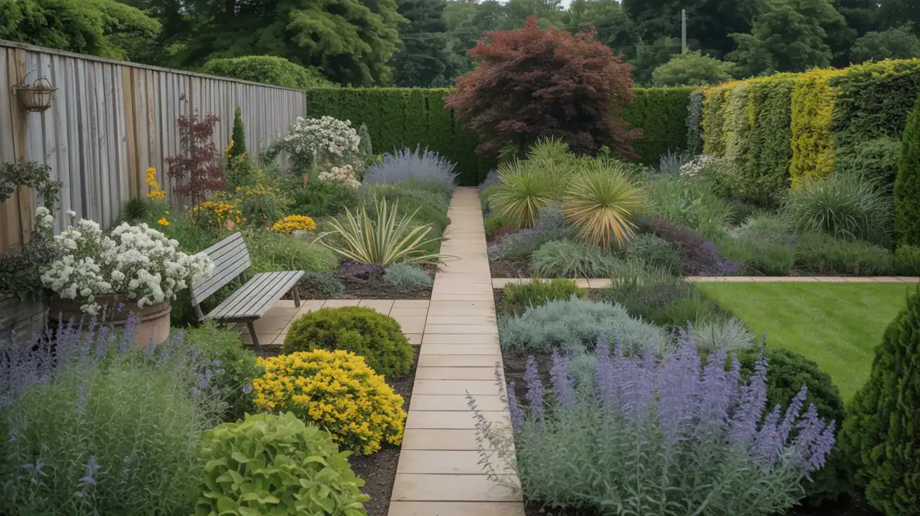 overview of asymmetrical cottage garden demonstrating balance in garden design with varied plant heights and textures