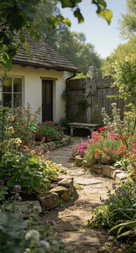 unique cottage garden with eclectic planting and layout demonstrating cottage garden asymmetry and visual interest