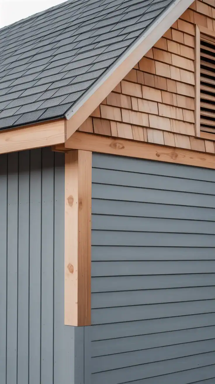 Photorealistic detail shot focusing on layered siding textures without full re-side: show a board-and-batten front transitioning to shiplap sides, or cedar shingles only on the gable, or a horizontal plank base with a slatted vent panel above. Keep the palette tight (two materials, max three). Include a 6–8 inch painted skirt board at the base for protection and framing. Oblique corner angle to emphasize depth and texture; raking light reveals grain and shadow gaps.