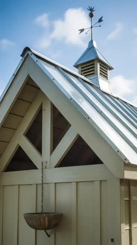 Low-angle shot of a tiny shed focusing on the roof. Simple details like exposed rafters, a small cupola with a weathervane, metal roof, and a rain chain into a stone basin. Bright daylight, no people.