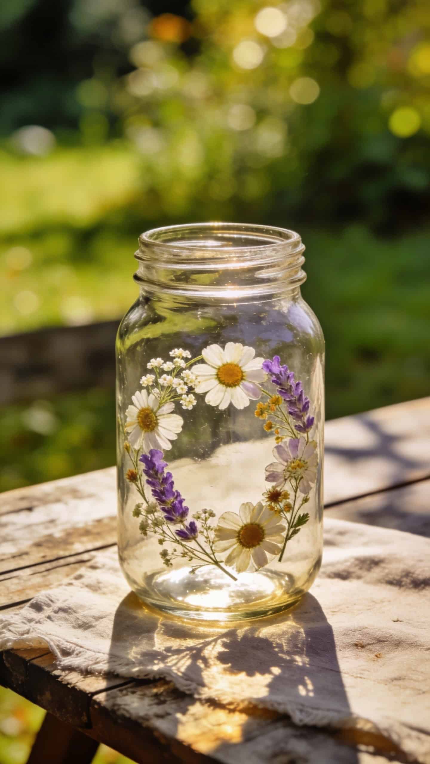 mason jar decorated with pressed flowers in soft natural light