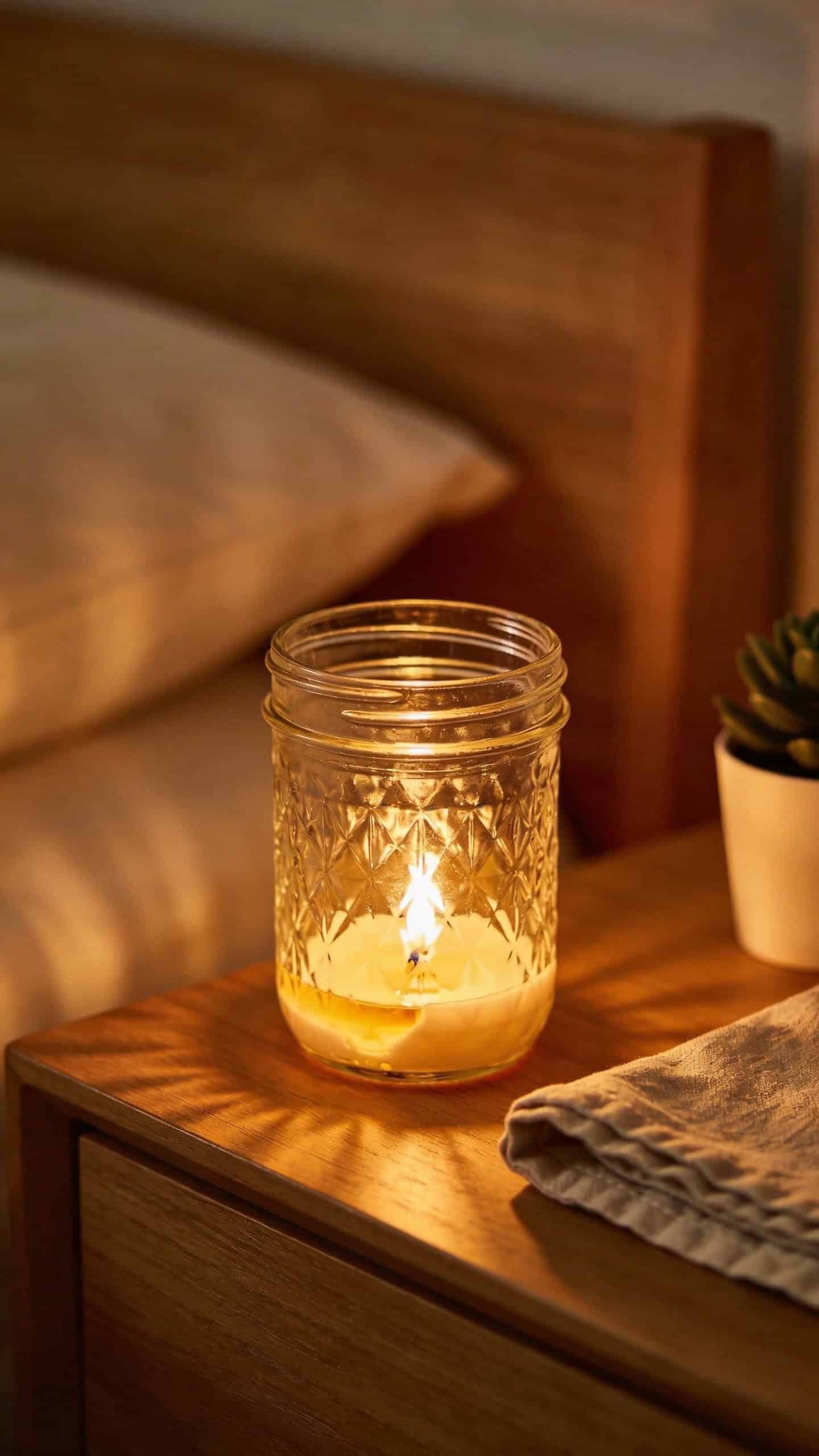 mason jar with candle and soft glow styled on a bedside table