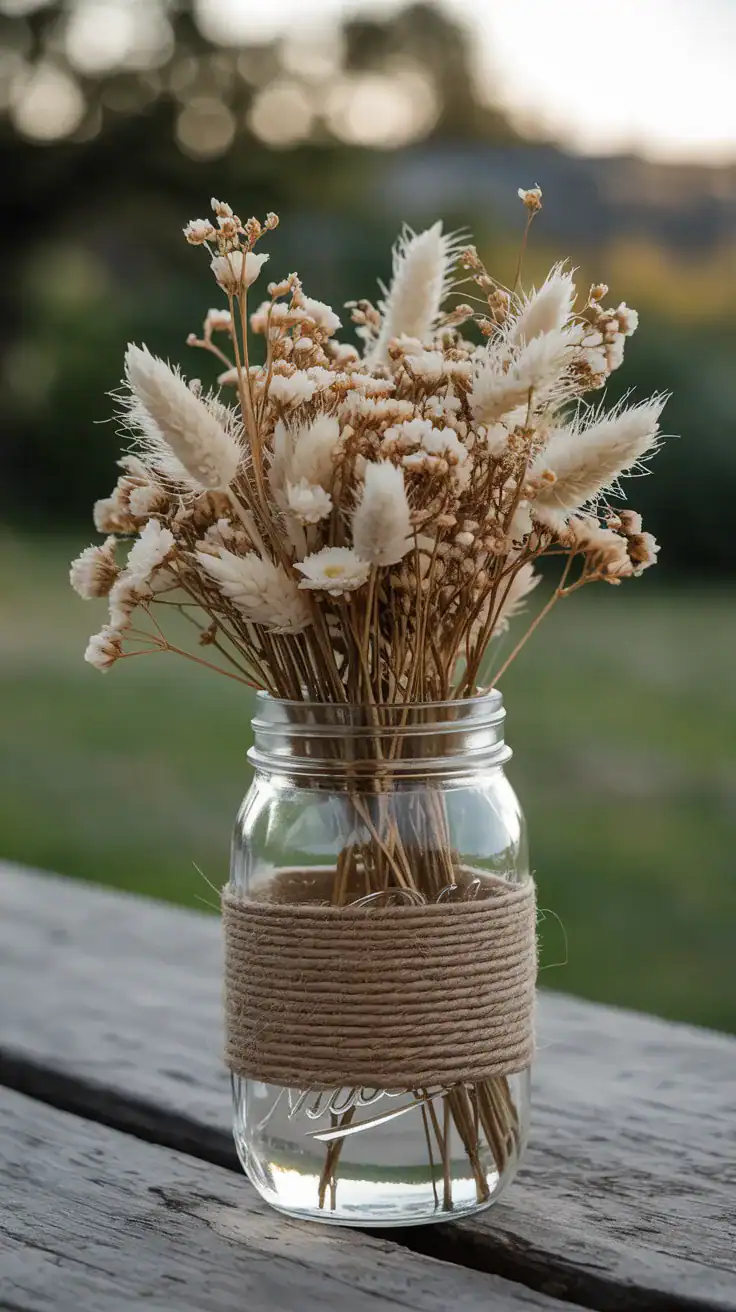mason jar wrapped in twine with dried flowers for a rustic look