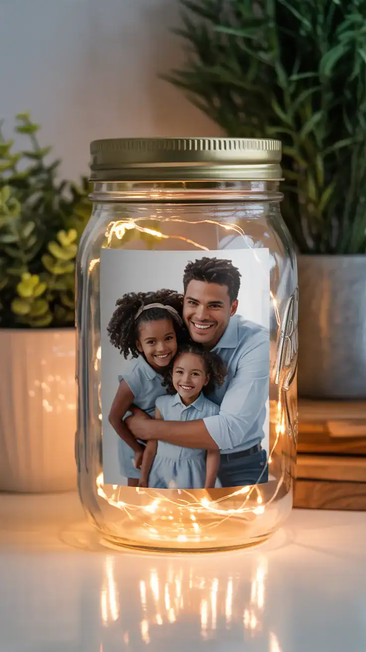 mason jar with a photo and fairy lights creating a soft glow
